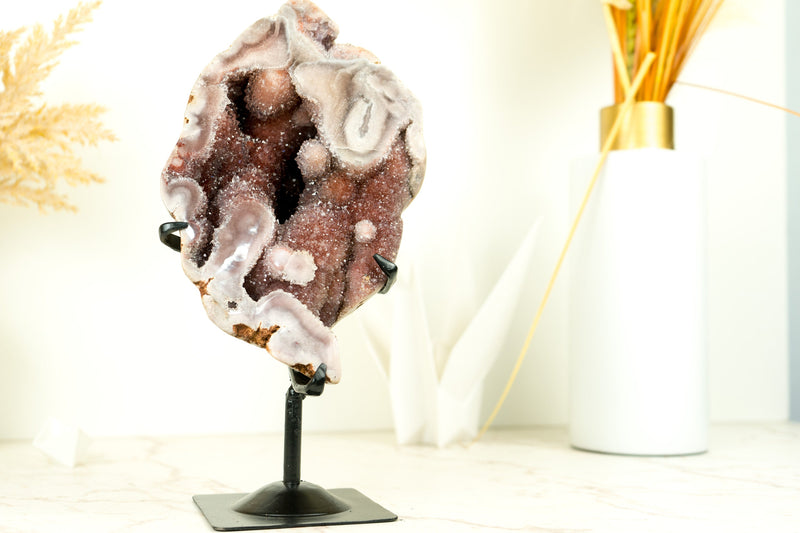 Rare Pink Amethyst Geode with Natural Red Crystal Amethyst Druzy on Stand