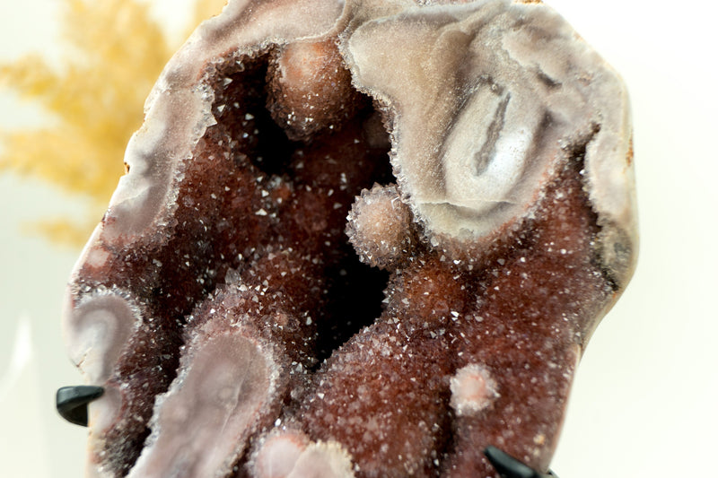 Rare Pink Amethyst Geode with Natural Red Crystal Amethyst Druzy on Stand