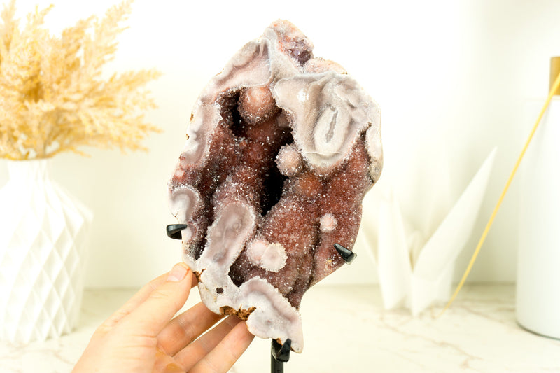 Rare Pink Amethyst Geode with Natural Red Crystal Amethyst Druzy on Stand