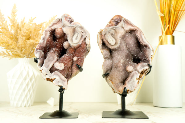 Bookmatching Pair of Rare Pink and Red Amethyst Geodes with Natural Pink and Red Crystal Amethyst Druzy