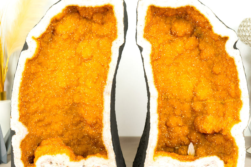 Pair of Bookmatching Statement Citrine Geodes with Golden Yellow Galaxy Druzy - 49.0 Kg - 108 lb - E2D Crystals & Minerals