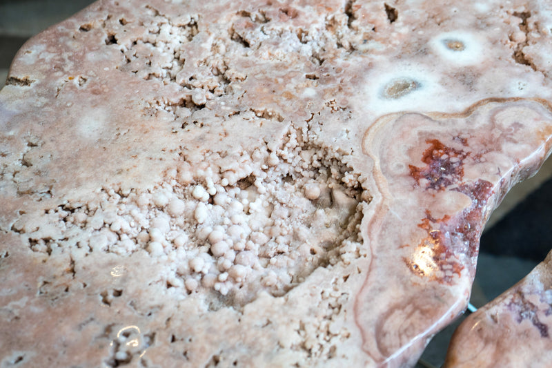 Pink Amethyst Geode Coffee Table (or Center Table) with a Large Butterflied Geode on a Stainless Steel Designed Base