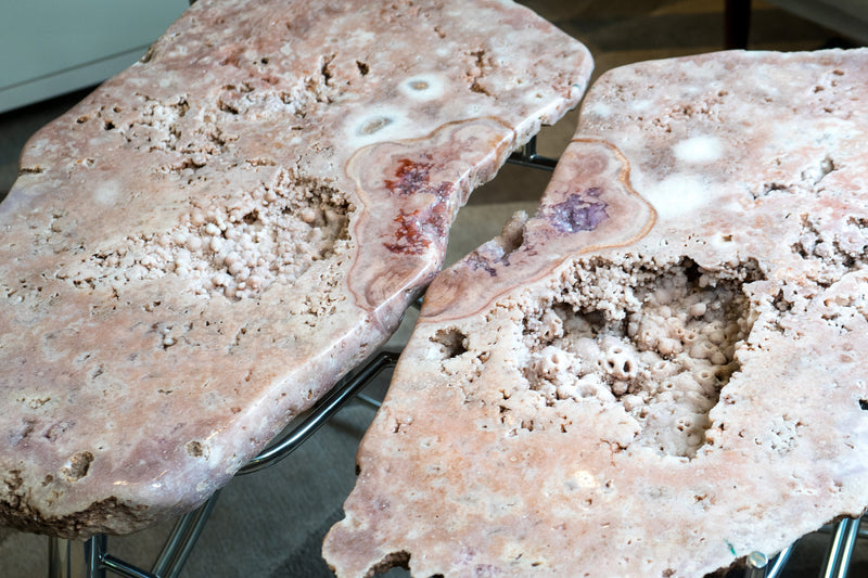 Pink Amethyst Geode Coffee Table (or Center Table) with a Large Butterflied Geode on a Stainless Steel Designed Base