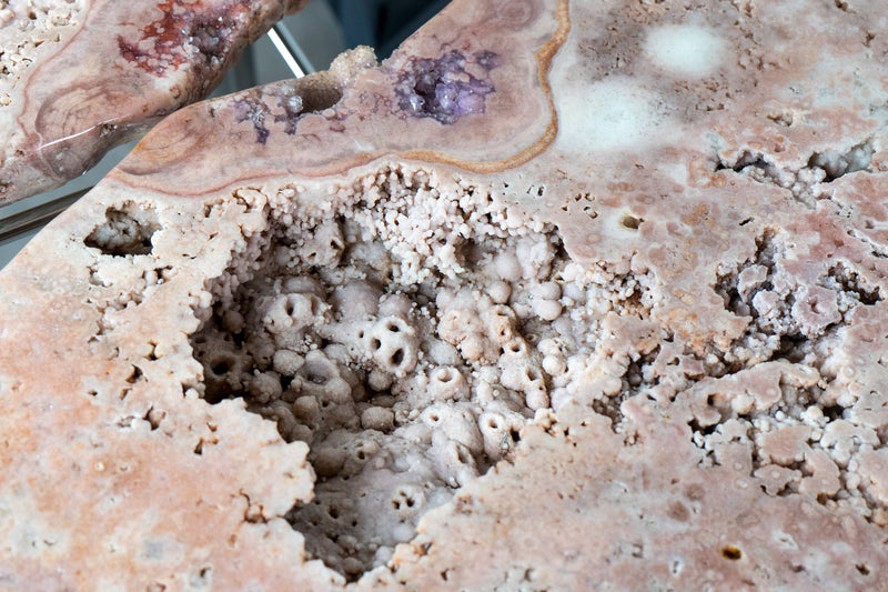 Pink Amethyst Geode Coffee Table (or Center Table) with a Large Butterflied Geode on a Stainless Steel Designed Base