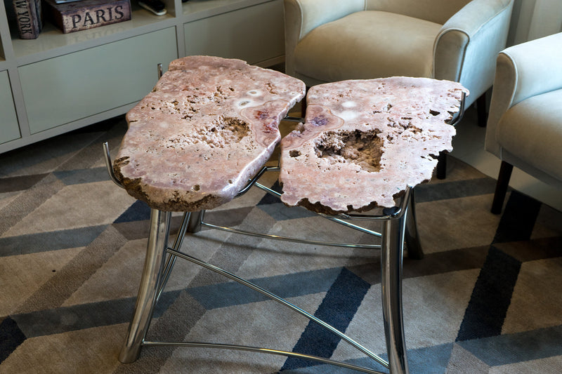 Pink Amethyst Geode Coffee Table (or Center Table) with a Large Butterflied Geode on a Stainless Steel Designed Base