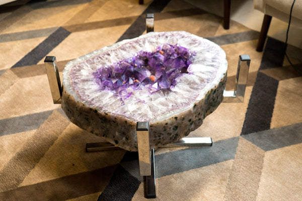 Purple Amethyst Geode Coffee Table on Handmade Stainless Steel Base