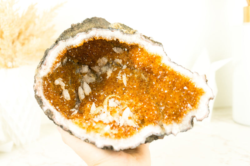 Natural Citrine Geode Cave with Deep Orange Citrine Druzy and Calcite Inclusions