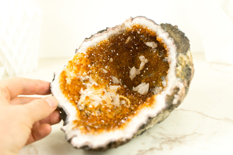 Natural Citrine Geode Cave with Deep Orange Citrine Druzy and Calcite Inclusions