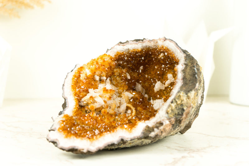 Natural Citrine Geode Cave with Deep Orange Citrine Druzy and Calcite Inclusions