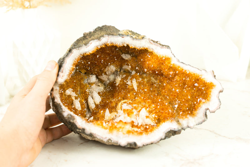 Natural Citrine Geode Cave with Deep Orange Citrine Druzy and Calcite Inclusions