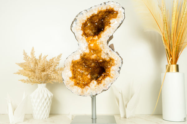 Citrine Geode Formed as the Infinite 8 Formation, Citrine Flower, and Large Orange Citrine Crystal Druzy