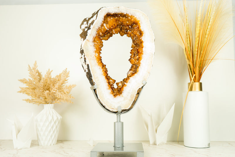 Rare Citrine Geode Slice with a Crown Formation and AAA Golden Orange Citrine Druzy on a Rotating Stand - E2D Crystals & Minerals