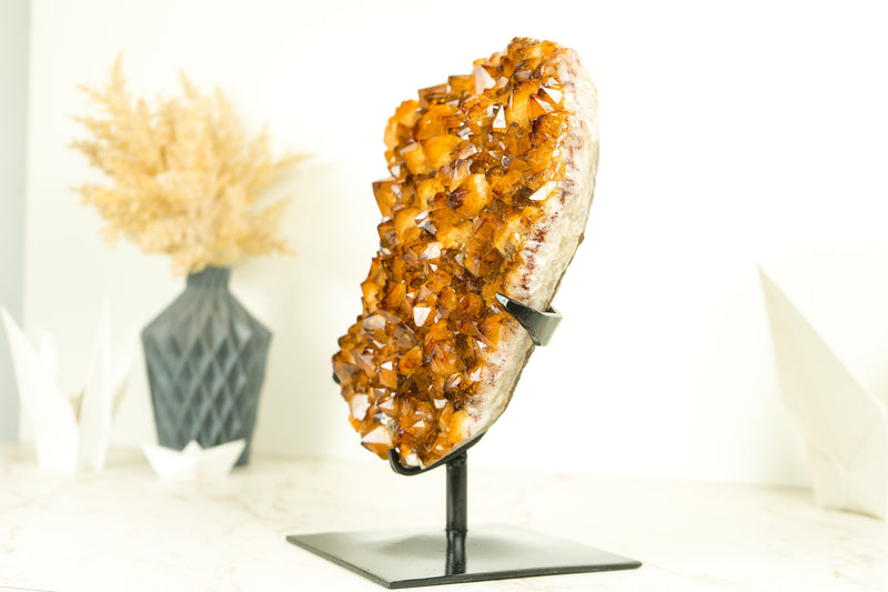 AAA Grade Citrine Cluster on Stand with Golden Orange Druzy and Flower Formation