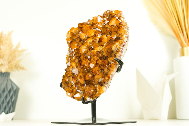 AAA Grade Citrine Cluster on Stand with Golden Orange Druzy and Flower Formation