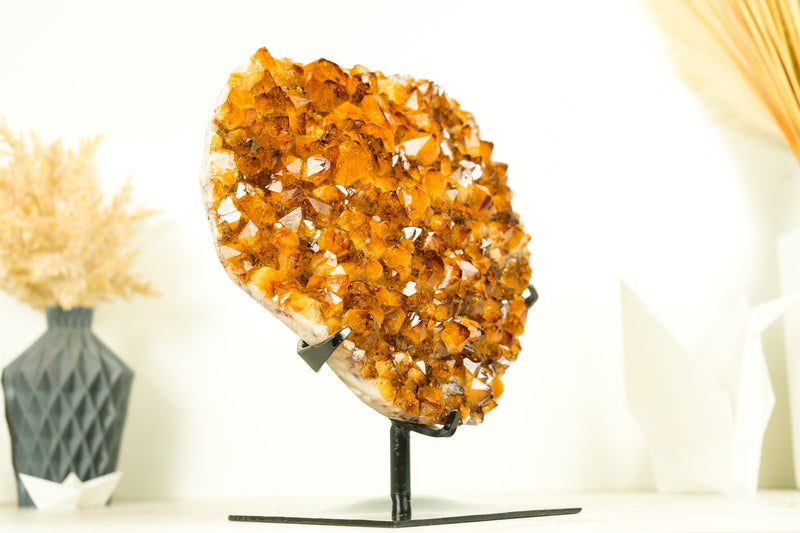 AAA Grade Citrine Cluster on Stand with Golden Orange Druzy and Flower Formation