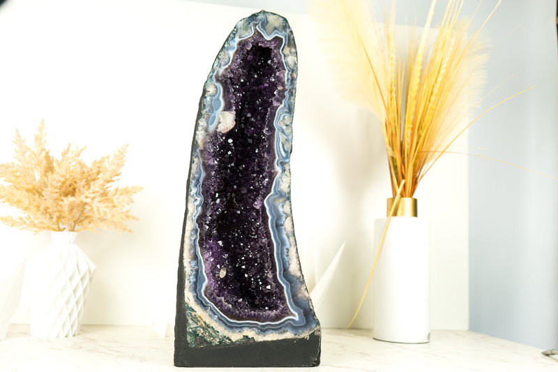 Rare Banded Agate Geode Cathedral with Dark Purple Amethyst, Calcite and Landscaped Agate Drawings