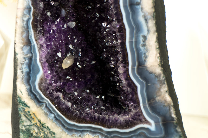 Rare Banded Agate Geode Cathedral with Dark Purple Amethyst, Calcite and Landscaped Agate Drawings