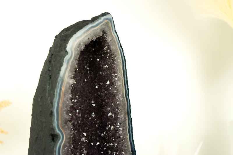 Natürliche blaue Spitzenachat-Geode mit funkelndem Lavendel-Amethyst