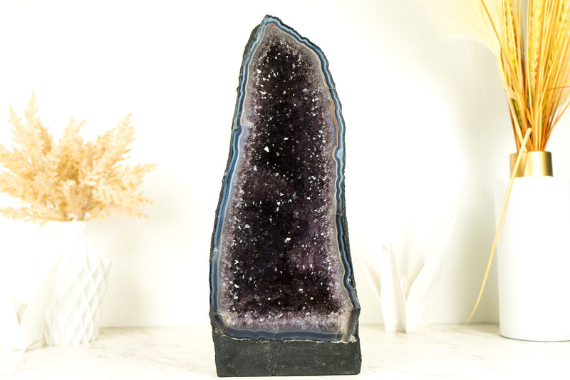 Pair of Natural Blue Lace Agate Geodes with Sparkly Lavender Amethyst, a Decor Centerpiece