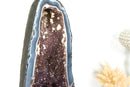 Gorgeous Tall Blue Banded Agate Geode Cathedral with Calcite and Sparkly Lavender Amethyst