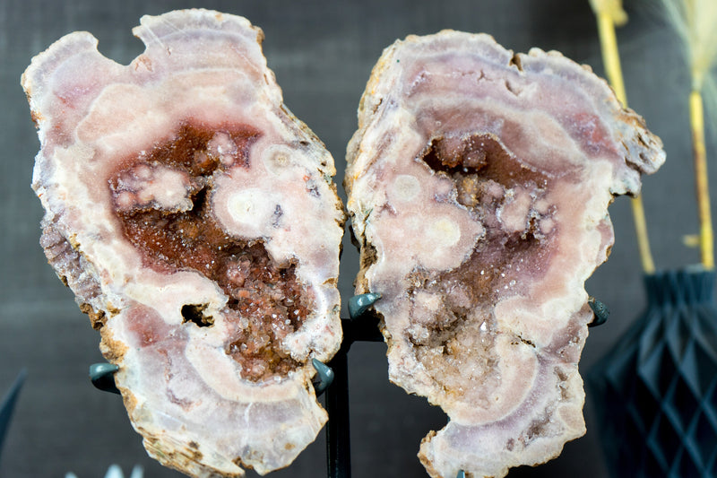 All Natural Pink Amethyst Butterfly Wings Geode with Deep Red and Rose Druzy