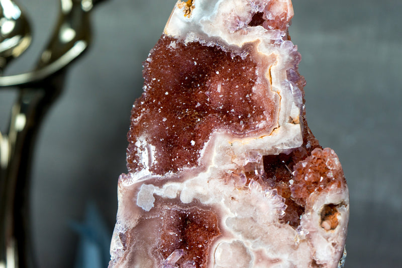 Small Red and Rose Amethyst on Stand with Rich Red Amethyst Druzy