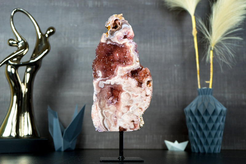 Small Red and Rose Amethyst on Stand with Rich Red Amethyst Druzy