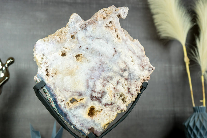 Rare Double-Sided Pink Amethyst Slab with Calcite Inclusions and Tiny Cave Formation - Natural, On Stand