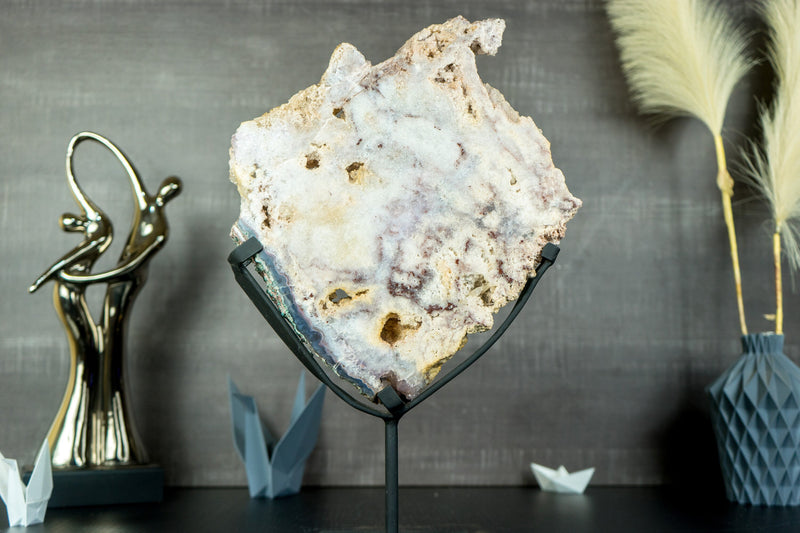 Rare Double-Sided Pink Amethyst Slab with Calcite Inclusions and Tiny Cave Formation - Natural, On Stand