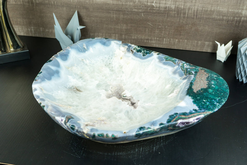 Large Lace Agate with Crystal Bowl, Hand Carved