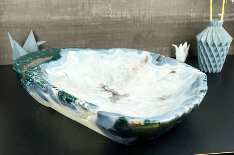 Large Lace Agate with Crystal Bowl, Hand Carved