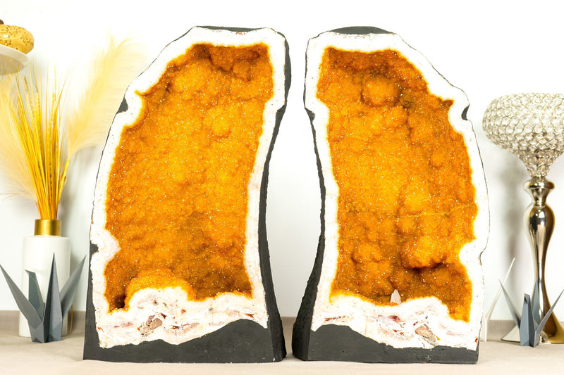 Pair of Bookmatching Statement Citrine Geodes with Golden Yellow Galaxy Druzy - 49.0 Kg - 108 lb - E2D Crystals & Minerals