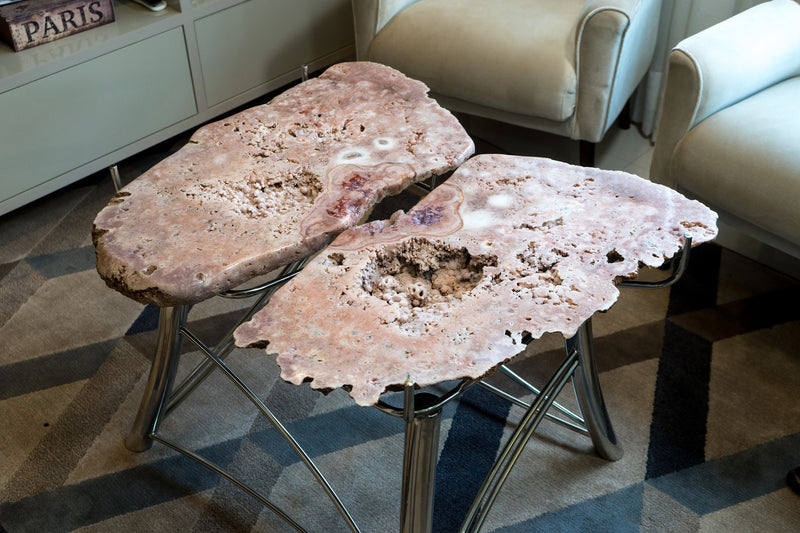 Pink Amethyst Geode Coffee Table (or Center Table) with a Large Butterflied Geode on a Stainless Steel Designed Base