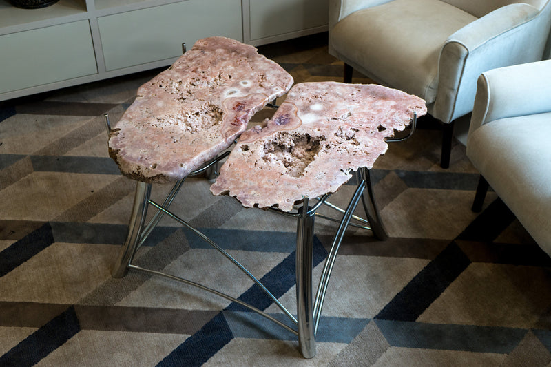 Pink Amethyst Geode Coffee Table (or Center Table) with a Large Butterflied Geode on a Stainless Steel Designed Base