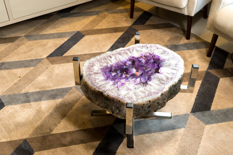 Purple Amethyst Geode Coffee Table on Handmade Stainless Steel Base