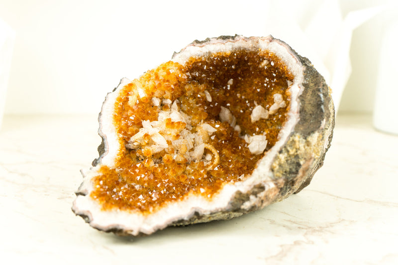 Natural Citrine Geode Cave with Deep Orange Citrine Druzy and Calcite Inclusions