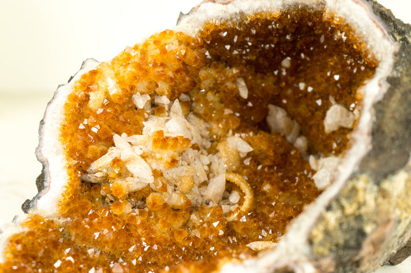 Natural Citrine Geode Cave with Deep Orange Citrine Druzy and Calcite Inclusions