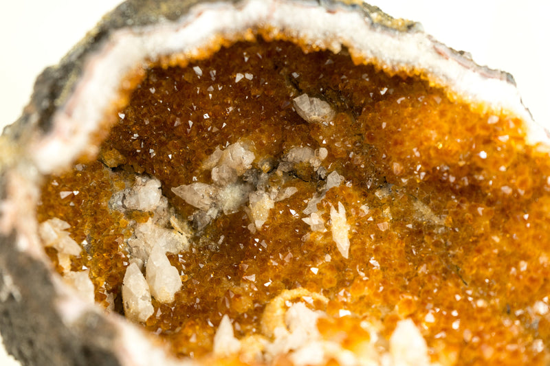 Natural Citrine Geode Cave with Deep Orange Citrine Druzy and Calcite Inclusions