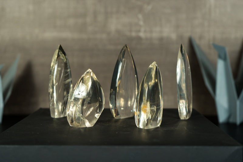 Set of 5 Water Clear Diamantina Quartz Flames, AAA Crystal Quartz