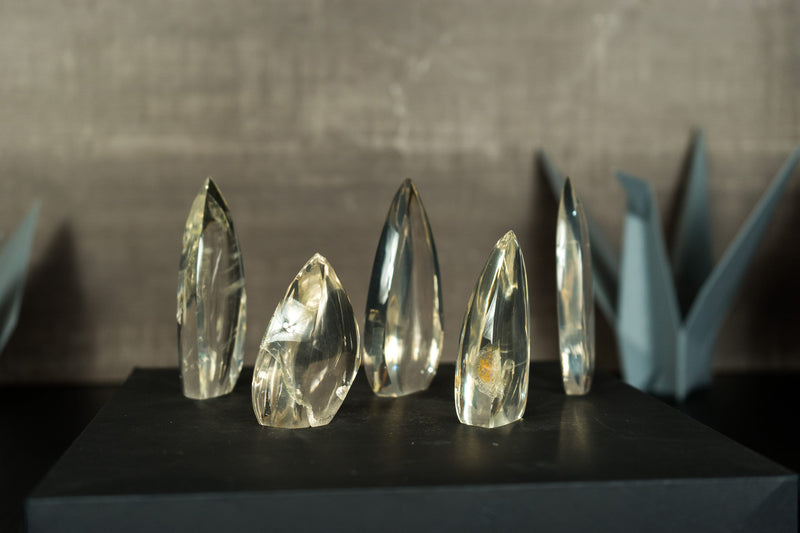 Satz von 5 wasserklaren Diamantina-Quarzflammen, AAA-Kristallquarz
