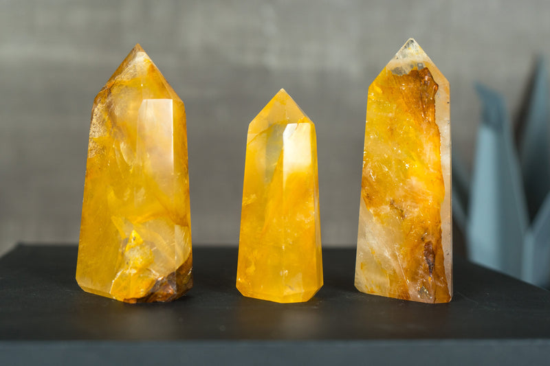 Set of 3 Yellow Golden Healer Hematoid, Small Wholesale Lot of Natural Hematoid Quartz