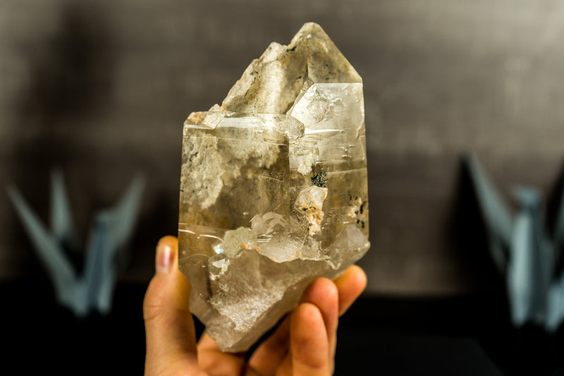 White Lodolite Crystal Point with Rainbow Bridge Inclusion and Cat-Eye Effect