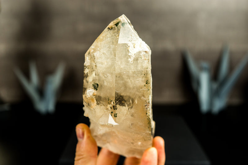 White Lodolite Crystal Point with Rainbow Bridge Inclusion and Cat-Eye Effect