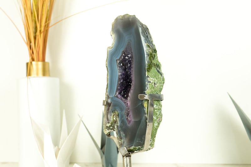 Natural Blue Banded Agate Geode with Deep Purple Amethyst Druzy on Stand