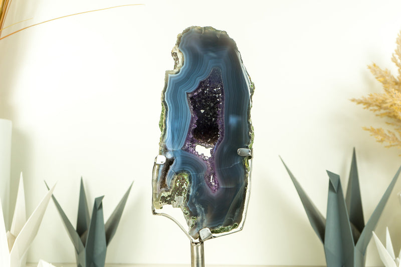 Natural Blue Banded Agate Geode with Deep Purple Amethyst Druzy on Stand