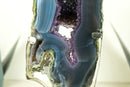 Natural Blue Banded Agate Geode with Deep Purple Amethyst Druzy on Stand