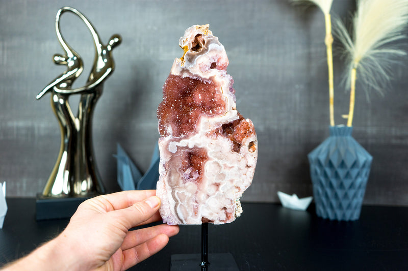 Small Red and Rose Amethyst on Stand with Rich Red Amethyst Druzy