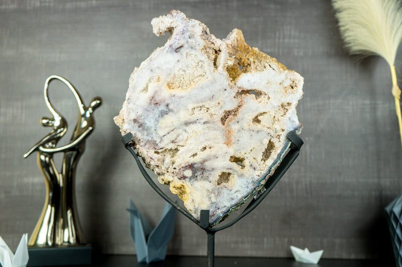 Rare Double-Sided Pink Amethyst Slab with Calcite Inclusions and Tiny Cave Formation - Natural, On Stand