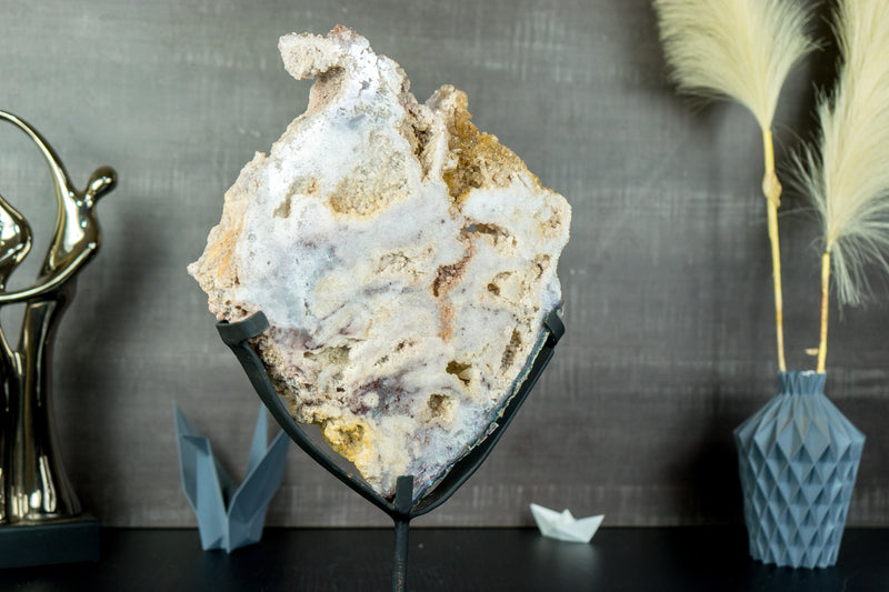 Rare Double-Sided Pink Amethyst Slab with Calcite Inclusions and Tiny Cave Formation - Natural, On Stand