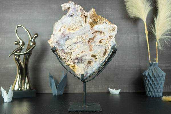 Rare Double-Sided Pink Amethyst Slab with Calcite Inclusions and Tiny Cave Formation - Natural, On Stand